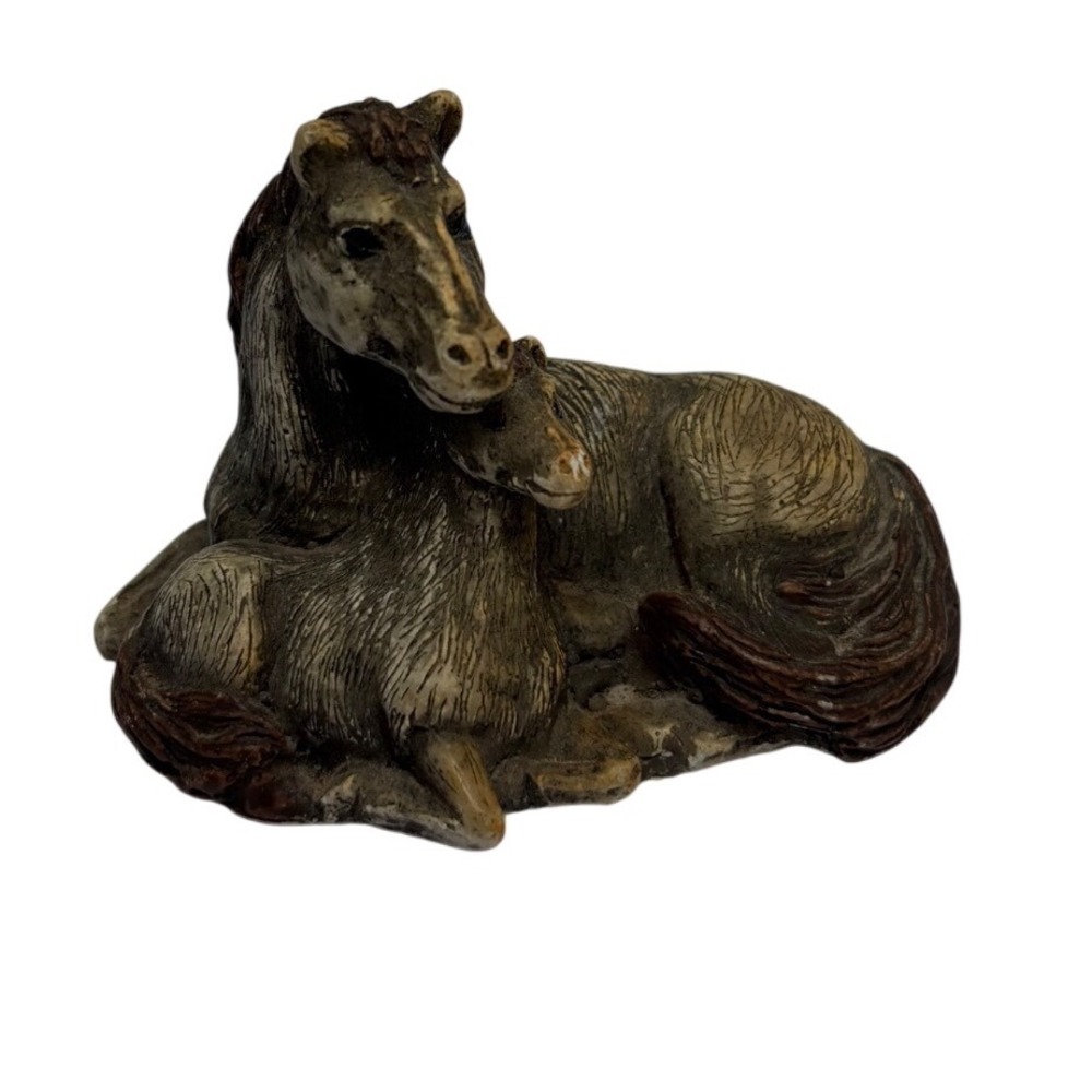 Resin Mare and Foal Horse Figurine Brown Equestrian Animal Decor Vintage